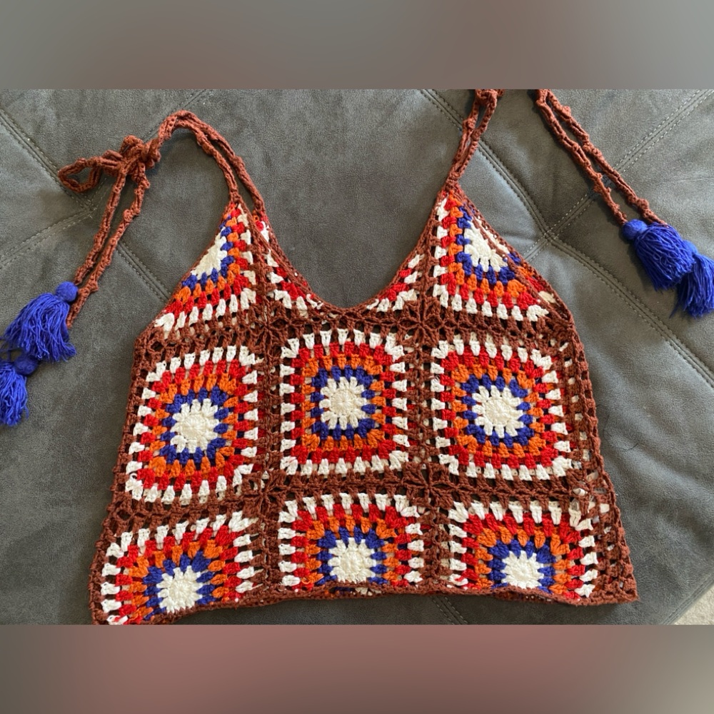 Colorful granny square crochet tank top tie straps size 10
